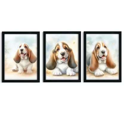 Kit 3 quadros decorativos infantis cachorro Basset charmosos