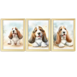 Kit 3 quadros decorativos infantis cachorro Basset charmosos