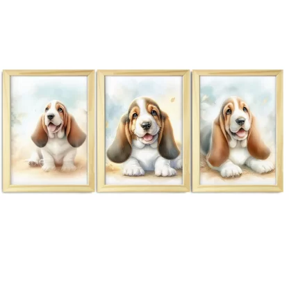 Kit 3 quadros decorativos infantis cachorro Basset charmosos