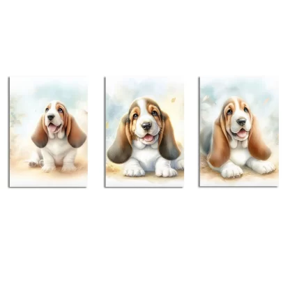 Kit 3 quadros decorativos infantis cachorro Basset charmosos