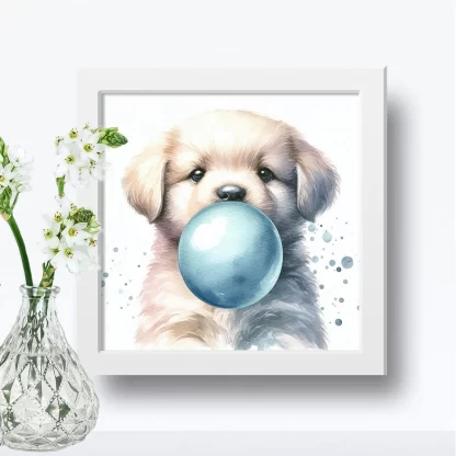 Cachorro Fofo com Chiclete em Quadro Decorativo