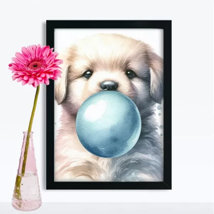 Cachorro Fofo com Chiclete em Quadro Decorativo