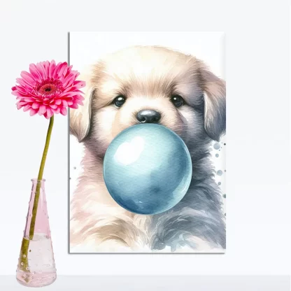 Cachorro Fofo com Chiclete em Quadro Decorativo