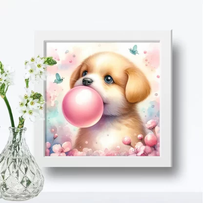 Adorável Quadro de Cachorro Soprando Bola de Chiclete