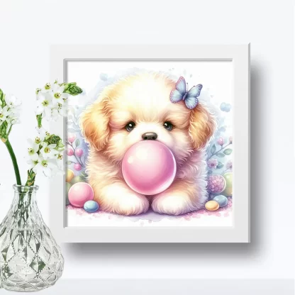 Quadro Decorativo Infantil com Cachorrinha Soprando Chiclete