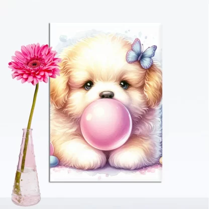 Quadro Decorativo Infantil com Cachorrinha Soprando Chiclete