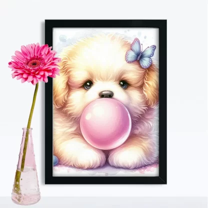 Quadro Decorativo Infantil com Cachorrinha Soprando Chiclete