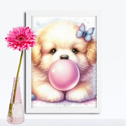 Quadro Decorativo Infantil com Cachorrinha Soprando Chiclete