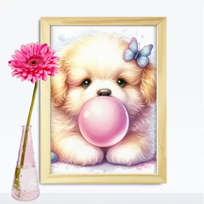 Quadro Decorativo Infantil com Cachorrinha Soprando Chiclete