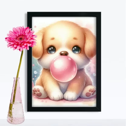 Cachorro Fofo e Chiclete em Quadro Infantil Decorativo