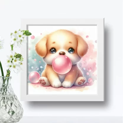 Cachorro Fofo e Chiclete em Quadro Infantil Decorativo