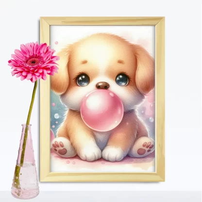 Cachorro Fofo e Chiclete em Quadro Infantil Decorativo