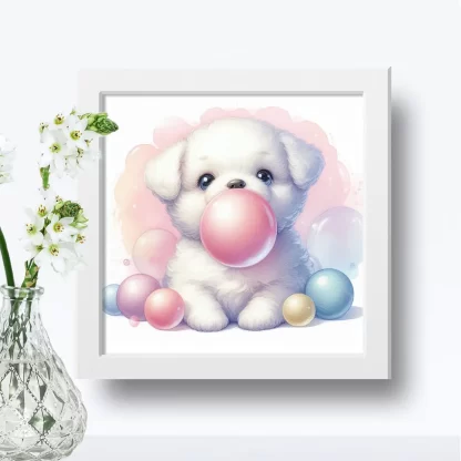 Cachorro Fofo com Chiclete em Quadro Decorativo