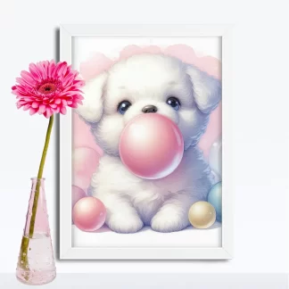 Cachorro Fofo com Chiclete em Quadro Decorativo