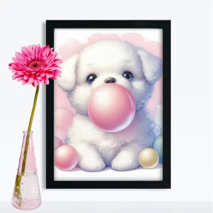 Cachorro Fofo com Chiclete em Quadro Decorativo