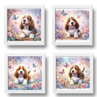 Conjunto de 4 quadros cachorro Basset Jardim Encantado SKU: kit2bas