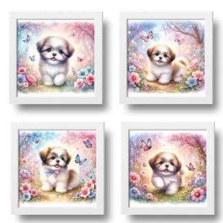 Conjunto de 4 quadros cachorro Shih Tzu Jardim Encantado SKU: kit1shi