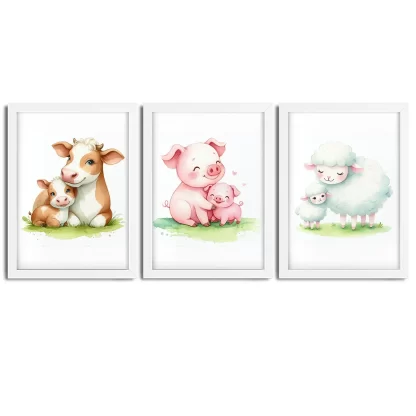 Kit 3 Lindos quadros decorativos Animais Vaquinha Porquinho e Ovelha