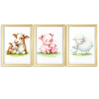 Kit 3 Lindos quadros decorativos Animais Vaquinha Porquinho e Ovelha