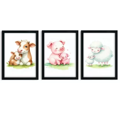 Kit 3 Lindos quadros decorativos Animais Vaquinha Porquinho e Ovelha