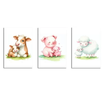 Kit 3 Lindos quadros decorativos Animais Vaquinha Porquinho e Ovelha